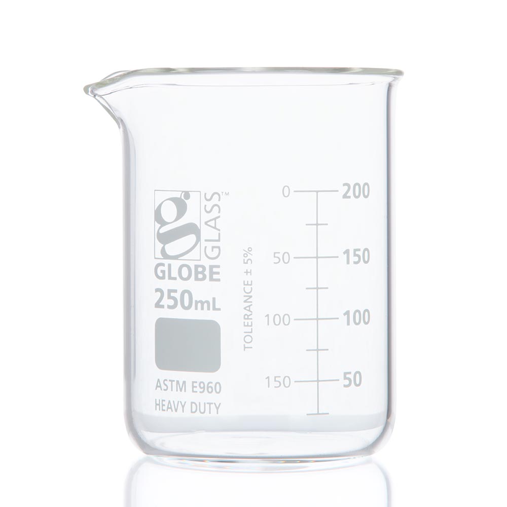 Globe Scientific Beaker, Globe Glass, 250mL, Low Form Griffin Style,Heavy Duty, Dual Graduations, ASTM E960, 12/Box Beaker;250ml heavy duty beaker;beaker glass